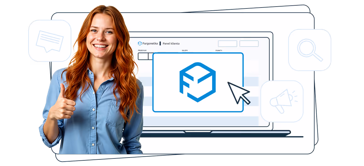 PL: Uśmiechnięta kobieta z rudymi włosami stoi na pierwszym planie i pokazuje kciuk w górę; w tle widoczny jest ekran laptopa z panelem klienta Furgonetka oraz logo Furgonetka, a wokół znajdują się graficzne ikony, takie jak dymek wiadomości, lupa i megafon.