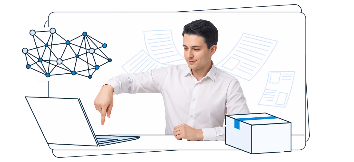 PL: Mężczyzna w białej koszuli siedzi przy biurku i wskazuje palcem na laptop; wokół widoczne są graficzne elementy przedstawiające sieć połączeń, dokumenty oraz paczkę.