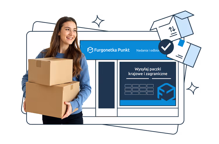 A woman holding two cardboard boxes stands in front of a Furgonetka Punkt location with the visible text “Wysyłaj paczki krajowe i zagraniczne,” with illustrations of boxes in the background.