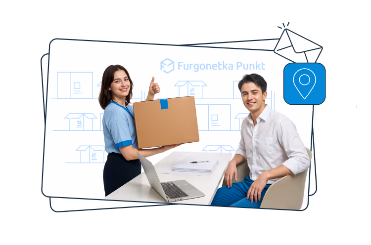 A woman holding a cardboard box gives a thumbs up while standing by a desk with a laptop, next to a seated man, with a Furgonetka Punkt location and box illustrations in the background.
