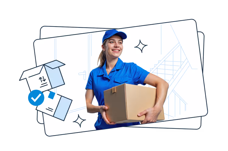 A smiling female courier in a blue cap and shirt holding a cardboard box, standing in front of an illustration of an interior with a door and stairs.