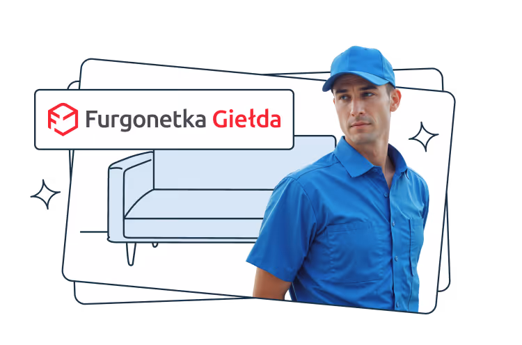 A man in a blue shirt and cap stands in front of an illustration of a couch, with the Furgonetka Giełda logo visible next to him.