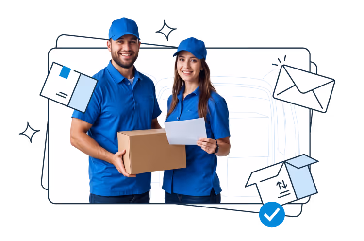 Two couriers in blue uniforms stand side by side, holding a package and a document, with illustrations of envelopes and boxes in the background.