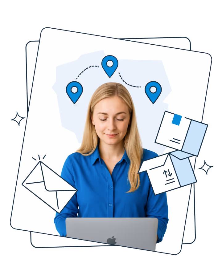 A woman in a blue shirt sits at a laptop and looks at the screen, with a map showing marked locations and illustrations of envelopes and boxes in the background.