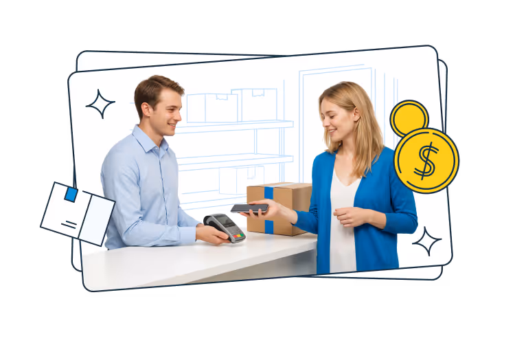 A woman pays with a card at a counter while a man operates a payment terminal, with packages on the counter and shelves in the background.