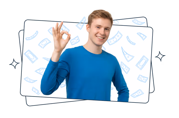 A smiling young man in a blue shirt is making an OK hand gesture, with illustrated banknotes scattered in the background.