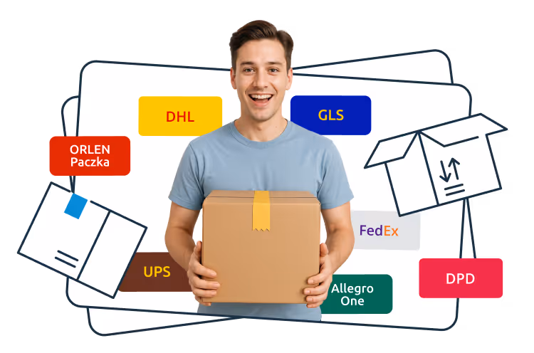 Uśmiechnięty mężczyzna trzymający kartonowe pudełko stoi na tle logotypów firm kurierskich, takich jak DHL, GLS, FedEx, UPS, DPD, Orlen Paczka i Allegro One, a w tle widoczne są ilustracje paczek.