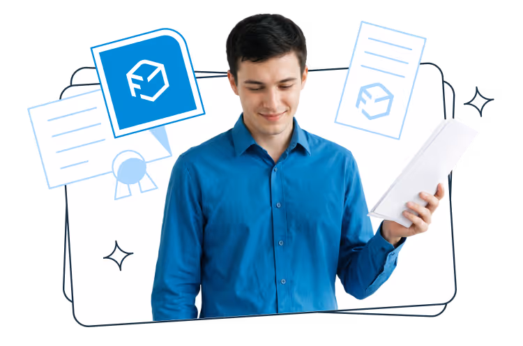 A young man in a blue shirt is holding and looking at a stack of papers, with illustrated certificates and documents around him, including graphics featuring the Furgonetka company logo.