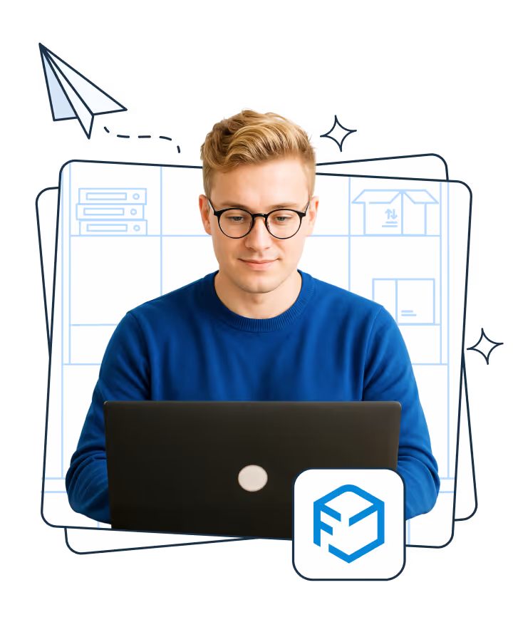 A young man wearing glasses and a blue sweater is working on a laptop, with a paper airplane illustration above and a background showing shelves with boxes and documents, along with the Furgonetka company logo in the corner.