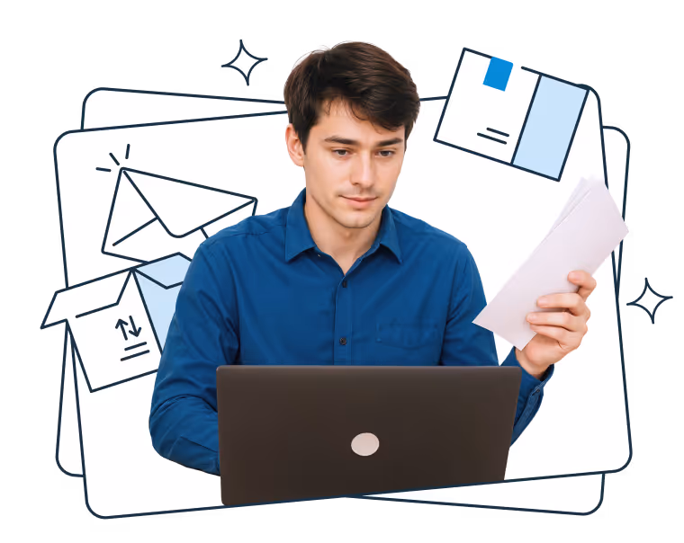 A young man in a blue shirt sits at a laptop while holding and reading a stack of papers, with illustrated envelopes and documents in the background.