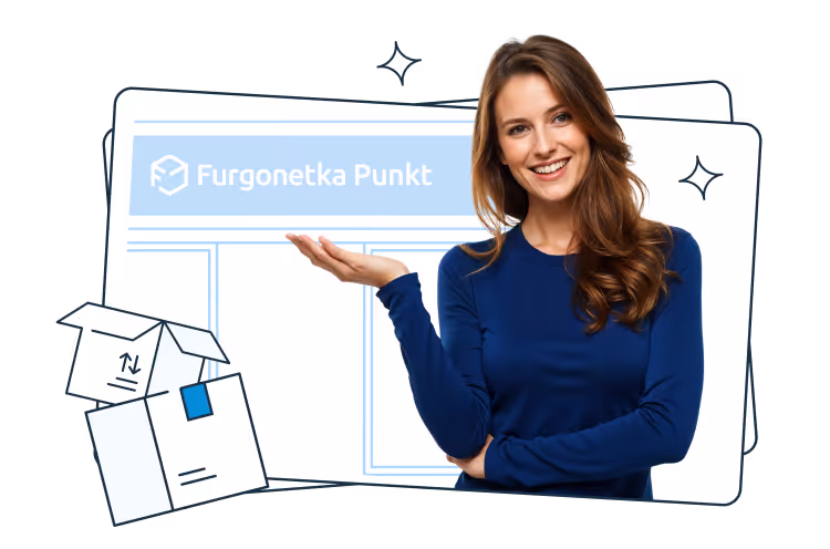 Uśmiechnięta kobieta w niebieskiej bluzce wykonuje gest prezentowania dłonią, a w tle widoczna jest grafika z logo Furgonetka Punkt oraz ilustracje paczek.