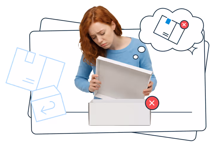 Zaniepokojona kobieta o rudych włosach otwiera pudełko i zagląda do środka, a w tle widoczne są ilustracje paczek oraz dymek myśli z paczką oznaczoną czerwonym X.