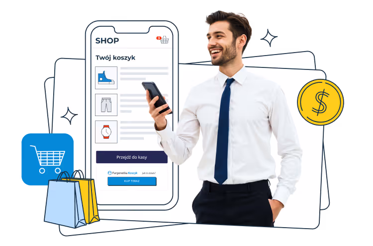 A smiling man in a white shirt and tie holds a smartphone; next to him is a shopping app screen with a product list, a cart icon, shopping bags, and a dollar symbol on overlapping card shapes in the background.