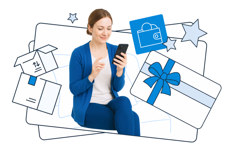 A woman sits and uses a smartphone; next to her are graphics of packages, a gift box with a ribbon, a wallet, and stars on overlapping card shapes in the background.