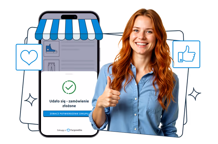 A smiling red-haired woman in a blue shirt gives a thumbs up; next to her is a smartphone screen showing an order confirmation, heart and like icons, and a storefront graphic on overlapping card shapes in the background.