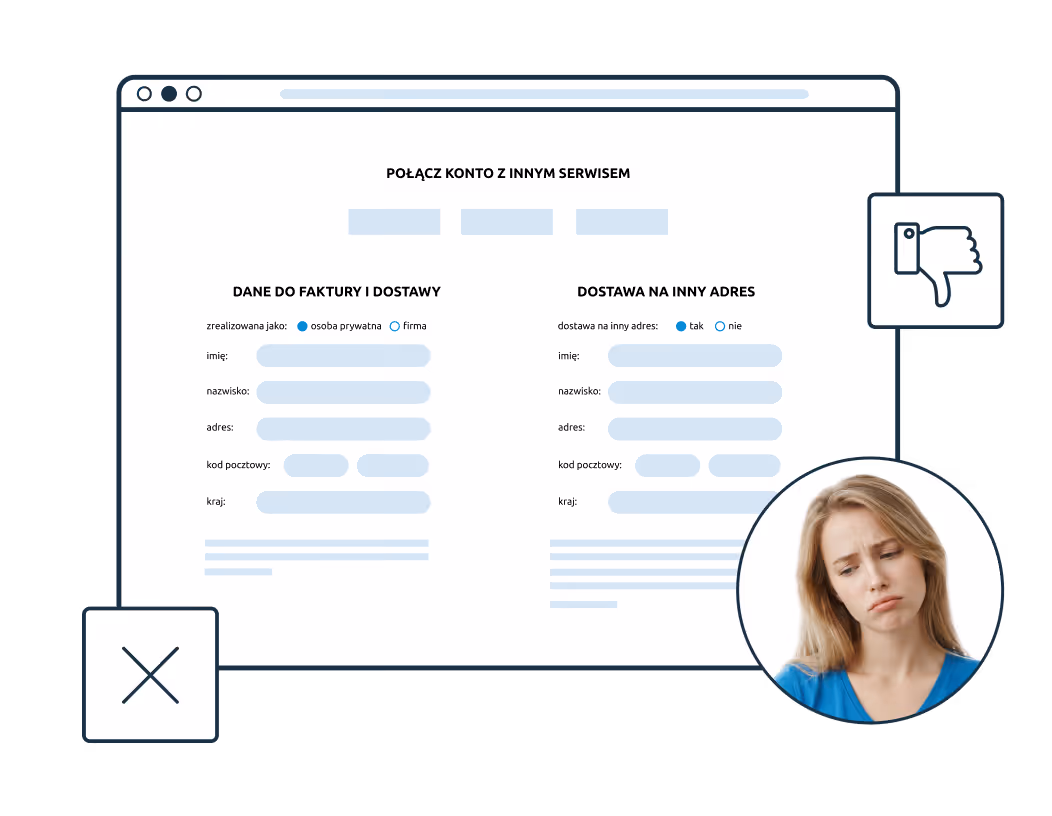 Widok formularza na ekranie z polami danych do faktury i dostawy oraz opcją dostawy na inny adres; obok widoczne ikony odrzucenia i zamknięcia oraz zdjęcie zmartwionej kobiety.
