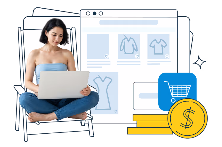 Kobieta siedzi ze skrzyżowanymi nogami na krześle i korzysta z laptopa; obok widoczny ekran sklepu internetowego z ubraniami, ikona koszyka oraz stos monet z symbolem dolara.