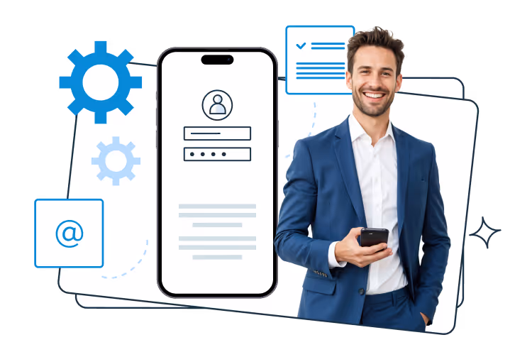 Uśmiechnięty mężczyzna w garniturze trzyma smartfon; obok widoczny ekran logowania z ikoną użytkownika, pola danych, koła zębate, symbol małpy oraz lista z zaznaczonymi punktami na tle nakładających się kart.