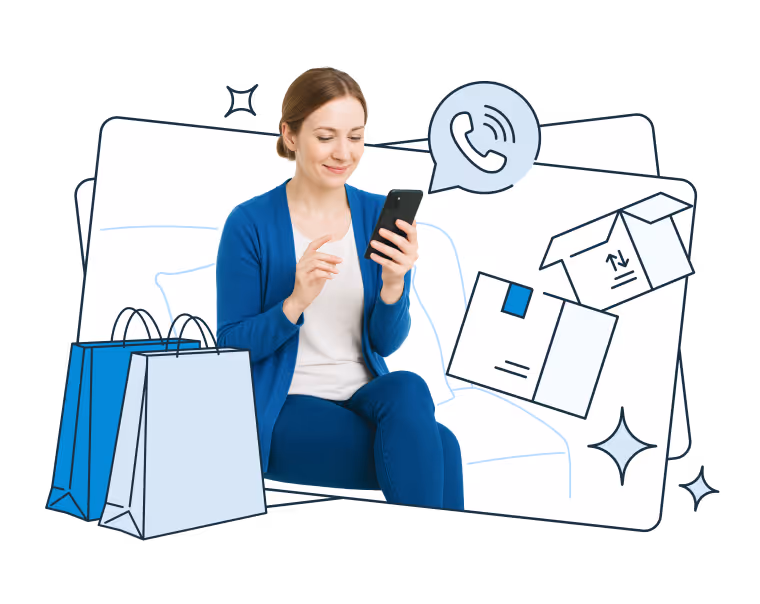 Kobieta siedzi i korzysta ze smartfona; obok widoczne torby zakupowe, grafiki paczek oraz ikona rozmowy telefonicznej na tle nakładających się kart.