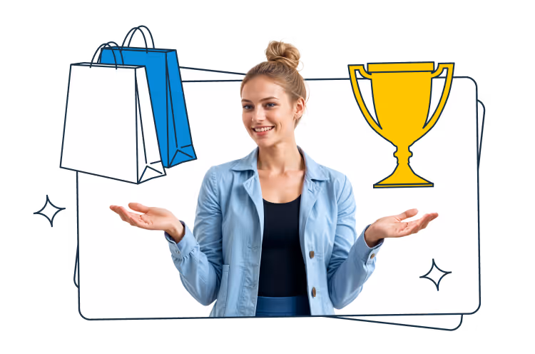 Uśmiechnięta kobieta trzyma dłonie uniesione na boki; obok widoczne torby zakupowe oraz puchar na tle nakładających się kart.