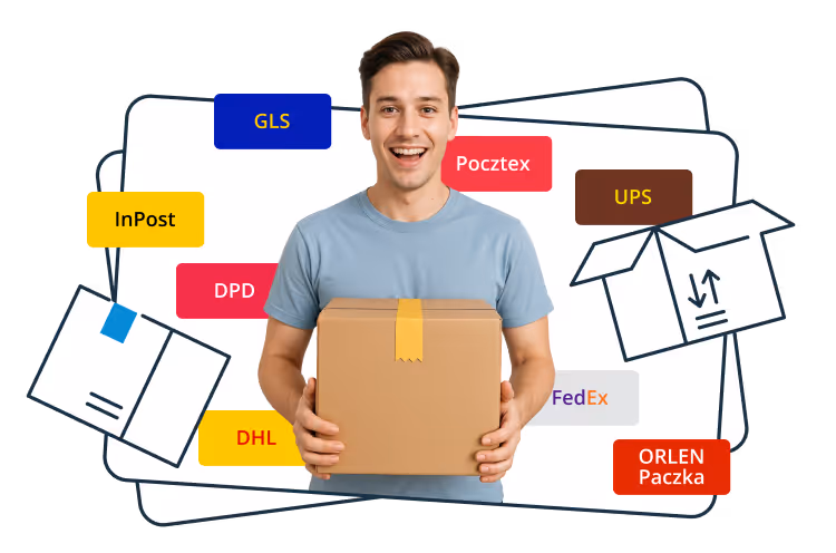 Uśmiechnięty mężczyzna trzymający kartonowe pudełko stoi na tle logotypów firm kurierskich, takich jak DHL, GLS, FedEx, UPS, DPD, Orlen Paczka i InPost, a w tle widoczne są ilustracje paczek.