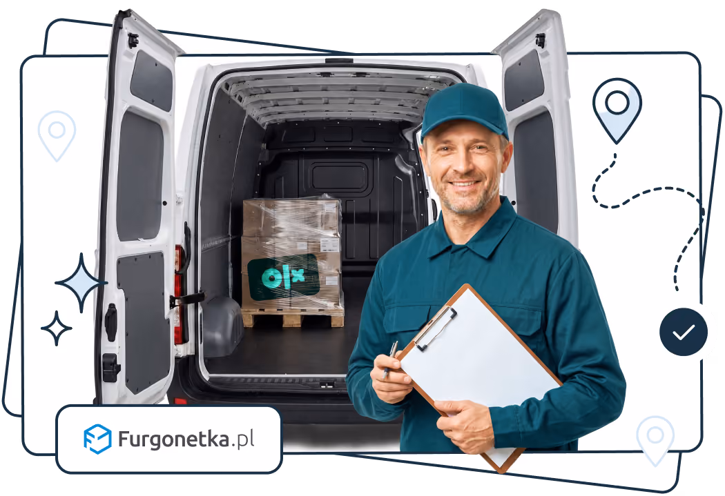 Uśmiechnięty przewoźnik trzymający podkładkę z dokumentami na tle otwartego auta dostawczego z przesyłką z OLX na palecie.