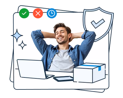 Ilustracja z zadowolonym klientem e-commerce przy biurku z paczką i laptopem. Ramka z wskaźnikami statusu (ukończone, błąd, oczekiwanie) i tarczą bezpieczeństwa z checkiem obrazuje pomyślnie zrealizowaną, bezpieczną dostawę.