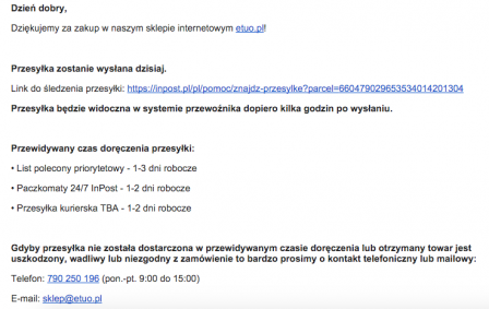 Jak powinna brzmieć treść maila, aby klient był dobrze poinformowany.