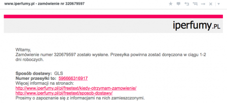 Mail do klienta z informacją, że zamówienie zostało do niego wysłane.