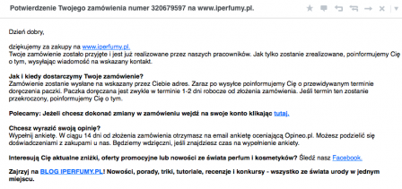 Mail informujący o złożeniu zamówienia, zaakceptowaniu płatności i przekazaniu zamówienia do realizacji.
