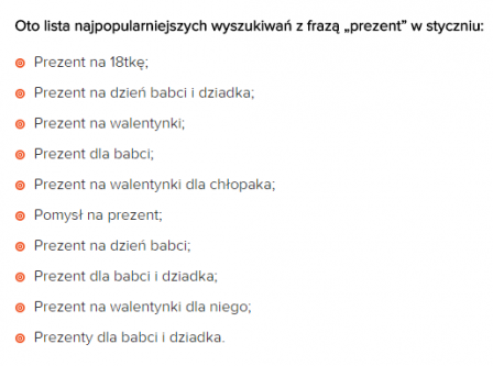 Najpopularniejsze styczniowe zapytania z frazą "prezent" w wyszukiwarce Google.