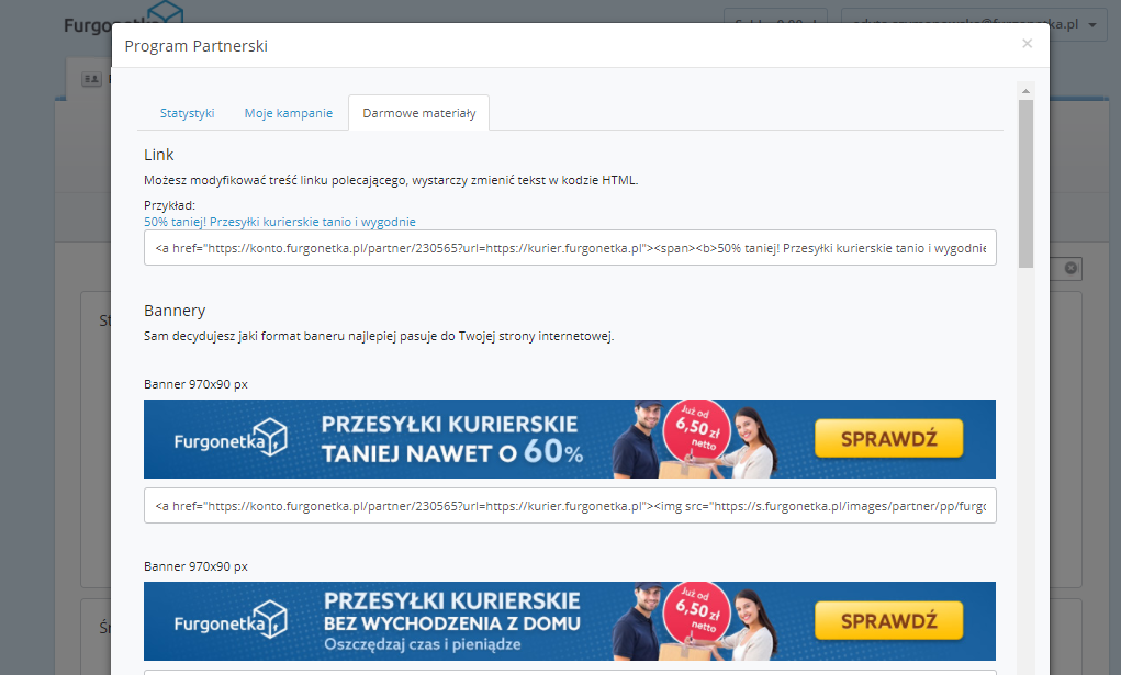 Program partnerski "Zarabiaj z Furgonetka.pl" udostępnia darmowe materiały reklamowe do promocji usług w Internecie.