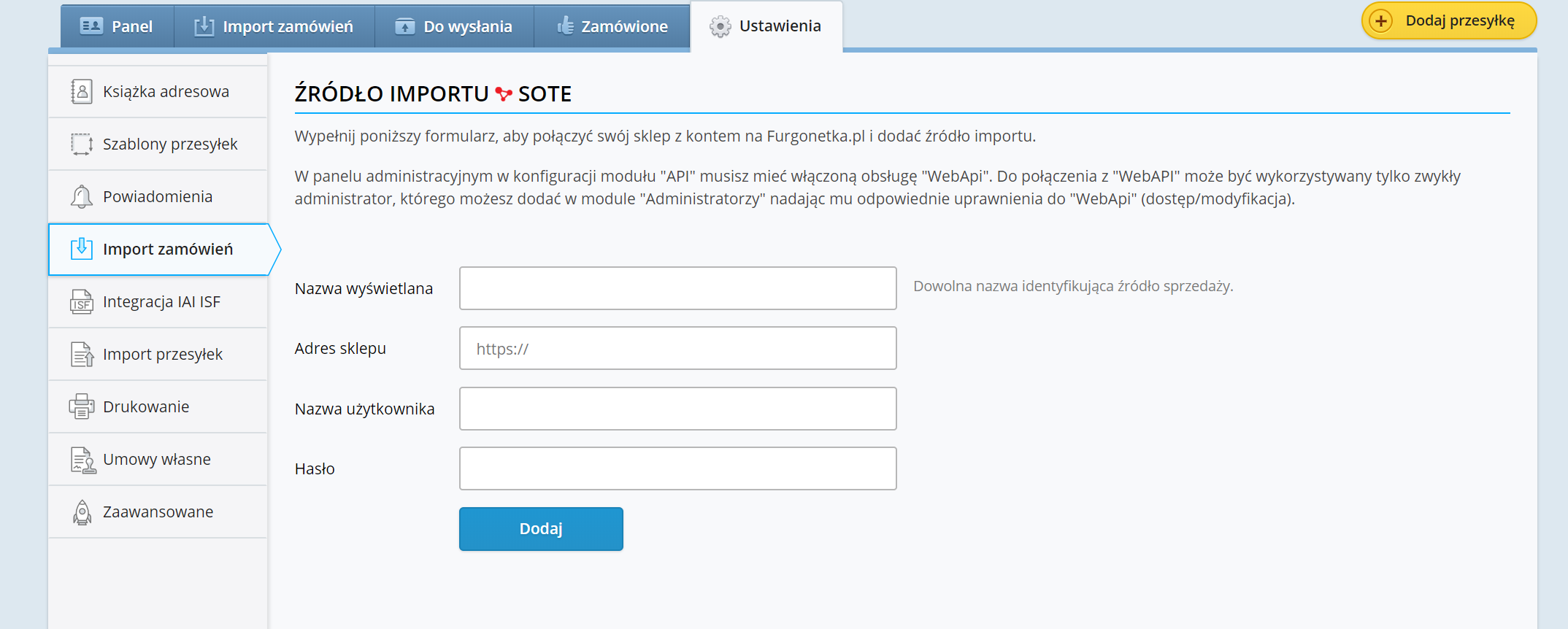 Integracja Furgonetka.pl z Sote Shop
