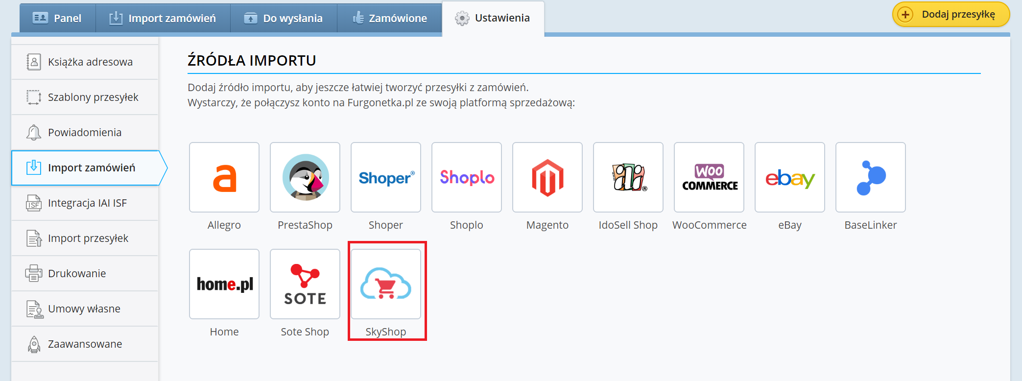 Jak dodać SkyShop jako nowe źródło sprzedaży na Furgonetka.pl