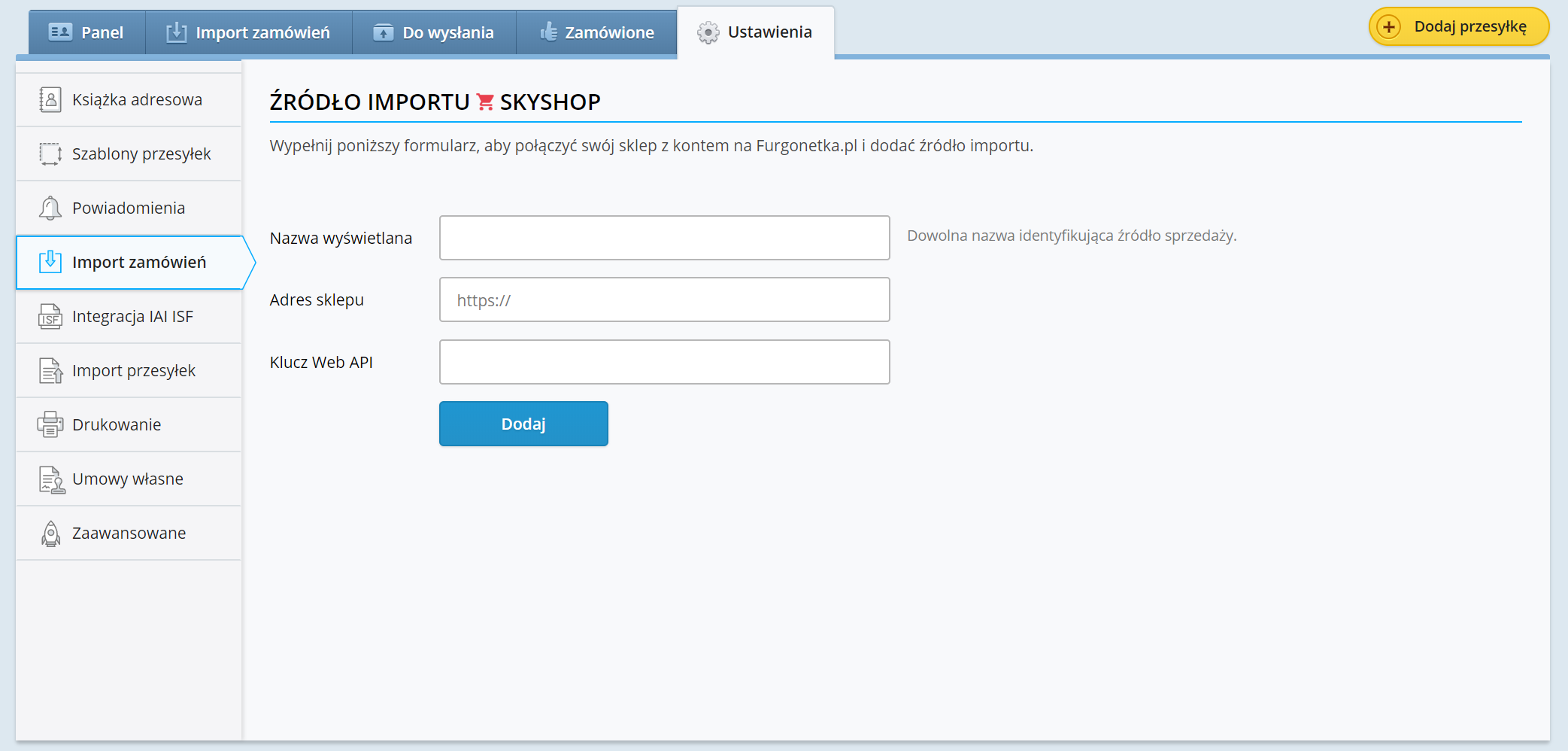 SkyShop jako nowe źródło importu na Furgonetka.pl