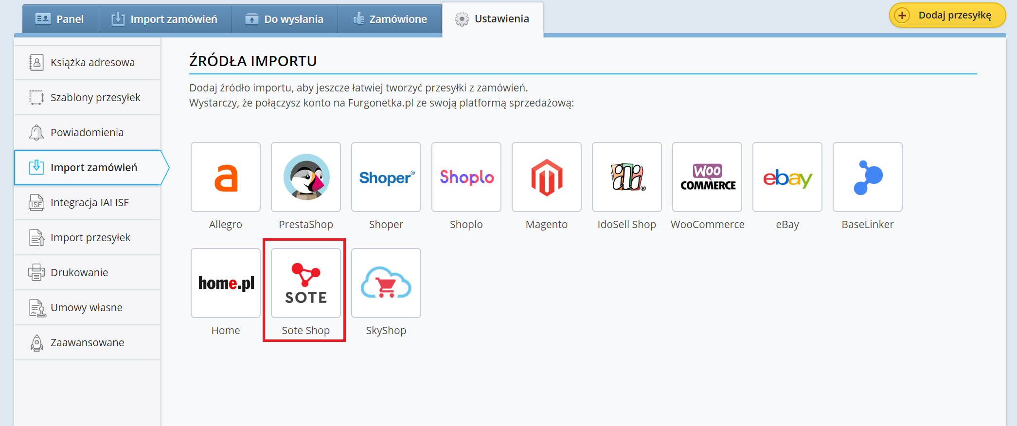 Jak dodać Sote Shop jako nowe źródło sprzedaży na Furgonetka.pl
