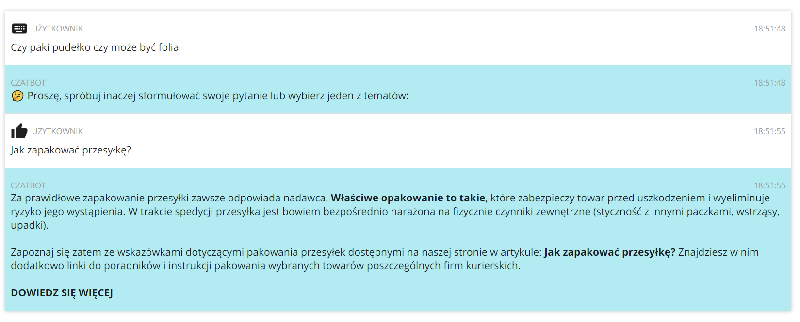 Jak działa czatbot na Furgonetka.pl w przypadku niezrozumienia pytania?